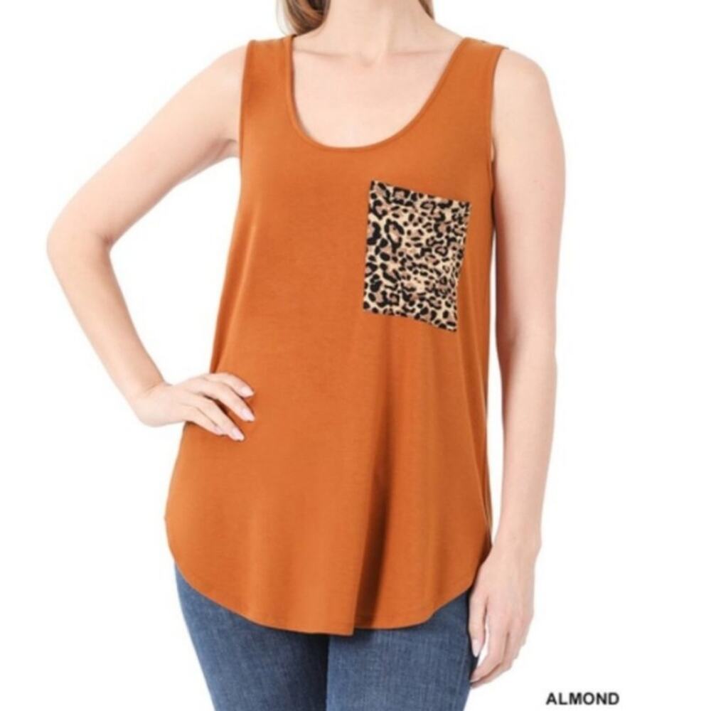 Small Zenana Leopard Print Pocket Tank Top in Almond Orange